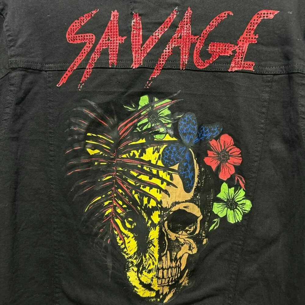 Black Pike Jacket Size Large with Savage Skull Graphic – Button Front - Picture 5 of 8
